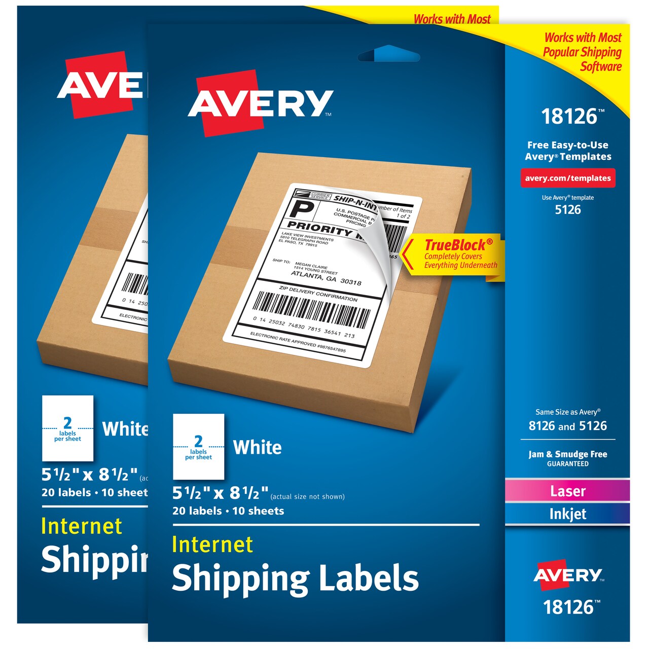 Avery Internet Shipping Labels, 5-1/2" x 8-1/2", (2 Pack of 18126)